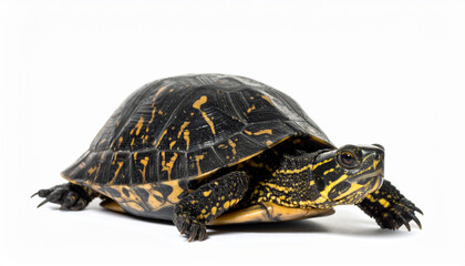Obraz premium A black and yellow turtle on a white background, viewed from the side, showcasing its shell and legs