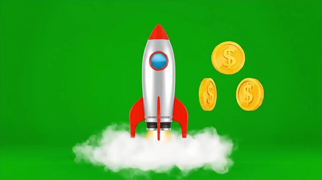 A gleaming silver rocket ascends into the sky amidst fluffy white clouds, accompanied by three golden coins, symbolizing financial growth and success