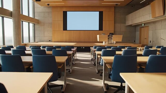 Modern Empty Classroom or Lecture Hall with Rows of Tables and Chairs