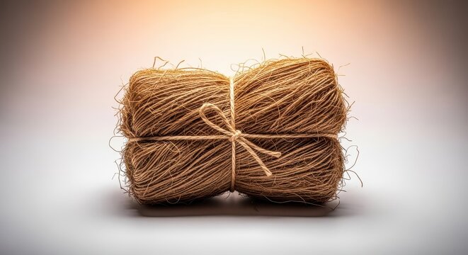 A rustic bundle of natural brown fibers tied tightly with twine, presented on a simple background, symbolizing traditional packaging or craft material, hessian, delivery, beige