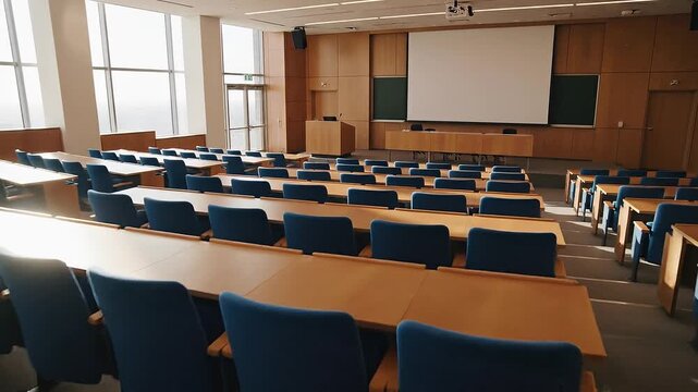 Modern Empty Classroom or Lecture Hall with Rows of Tables and Chairs