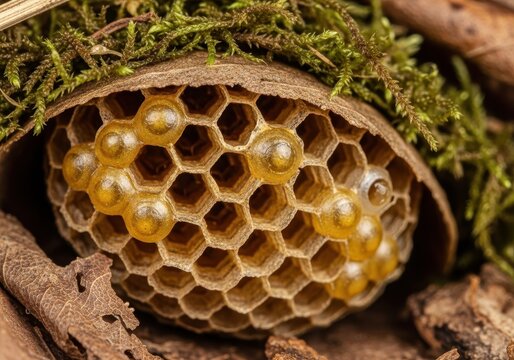 Close-up view of a wild bumblebee nest structure, featuring waxy honey pots and larvae cells hidden within natural insulation, nature, pollination, breeding