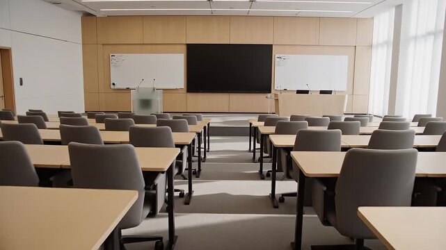 Modern Empty Classroom or Lecture Hall with Rows of Tables and Chairs