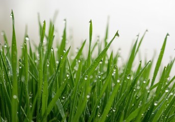 Obraz premium Lush, dew-kissed green grass blades texture isolated on a pristine, clear background, perfect for copy space and spring themes, texture, garden, healthy