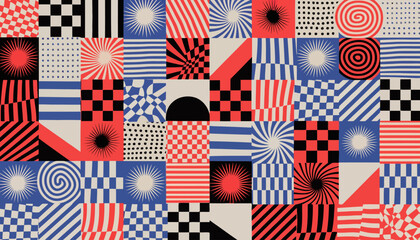 Fototapeta premium Vibrant geometric pattern with red, blue, and black shapes