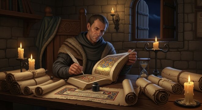 A monk diligently transcribes ancient texts by candlelight in a medieval scriptorium surrounded by parchment and quills