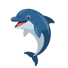Obraz premium A cartoon dolphin in mid-air, showing its pink mouth and white belly