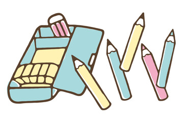 シンプルな筆箱と鉛筆、消しゴムのイラスト