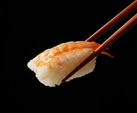 Close up of chopsticks holding ebi shrimp nigiri sushi on black background