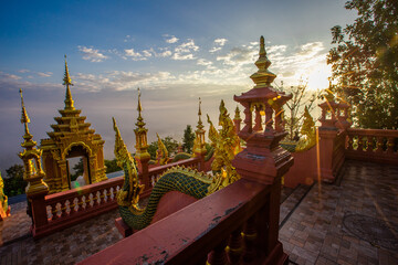 Landmark Sunrise with sky at Wat Phra That Doi Phra Chan on the top hill of Doi Phra Chan mountain in Mae Tha, Lampang province, Thailand