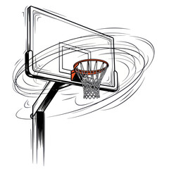 Basketball hoop with swirly motion lines, hand-drawn style, isolated on white background © hana
