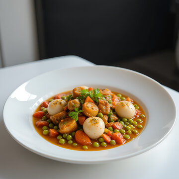 Cuttlefish stew with peas and  tomatoes or seppie con piselli. On white table surface.