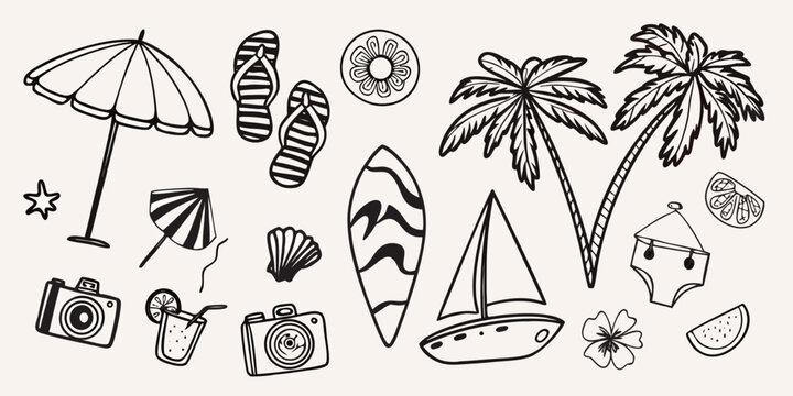 Summer vacation themed doodles including beach items and tropical foliage