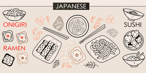 A colorful doodle illustration showcasing various traditional japanese foods © Prince
