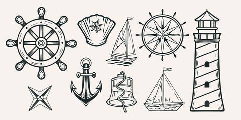 Nautical themed illustrations featuring ships anchors and lighthouse elements © Prince