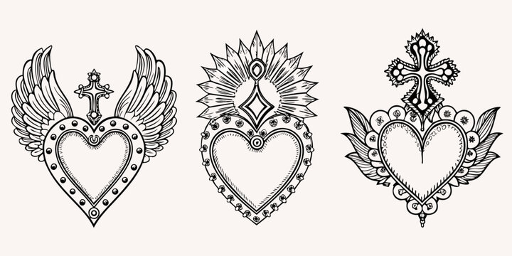Three ornate black and white sacred heart tattoo designs on a beige background