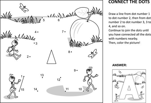 Educational connect the dots picture puzzle and coloring page - letter A, apple and ants. Answer included.

