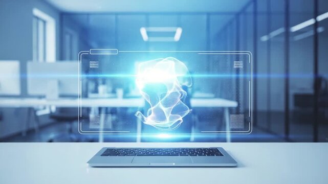 Abstract data visualization hologram glowing above a laptop screen in a modern office setup used for technology marketing banners.