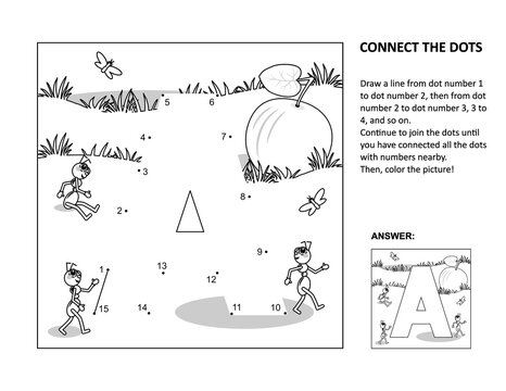 Educational connect the dots picture puzzle and coloring page - letter A, apple and ants. Answer included.
