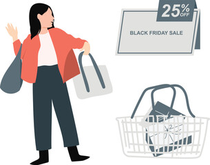 The girl is happy with black friday shopping bag retail.