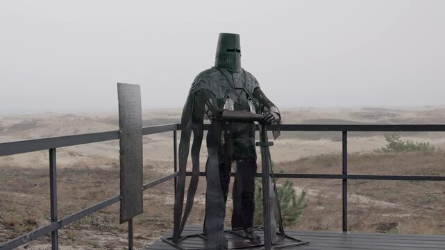 A knight standing in front of a castle or fortress. He looks confident and ready for action. This could be the beginning of an adventure or preparation for battle.