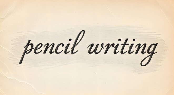 The words "pencil writing" written in a graceful, dark cursive script on a textured, vintage-style paper with soft graphite shading.