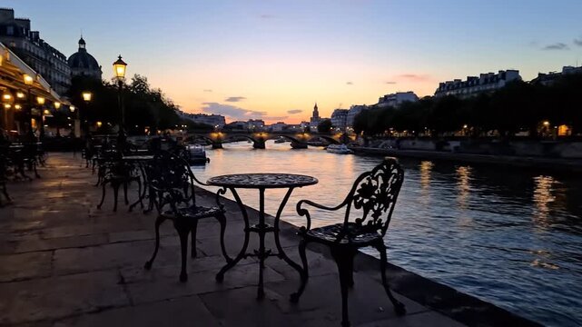 Parisian cafe terrace at dusk overlooking the Seine River with city lights reflecting on the water.