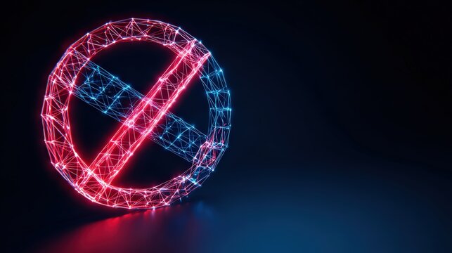 A dynamic depiction of a digital prohibition symbol. A glowing, intricate network forms a no-entry sign. ..Created with Generative AI, not depicting real subjects.