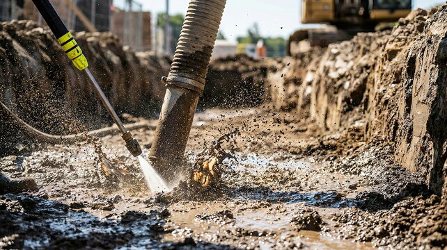 High-pressure water stream cleaning a muddy trench and large pipe on a busy construction site, highlighting infrastructure work.