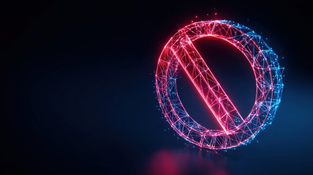 An artistic 3D rendering of a no entry sign, illuminated with a vibrant red and blue neon glow, floating against a dark. ..Created with Generative AI, not depicting real subjects.