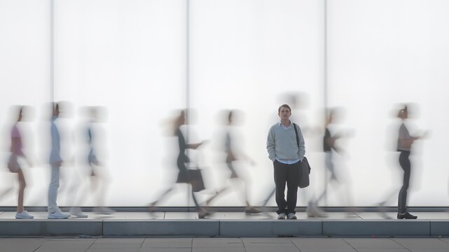 Young man standing still while blurred people walk past on a bright background
