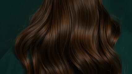 Fototapeta premium Long wavy brown hair with shine against a dark green background