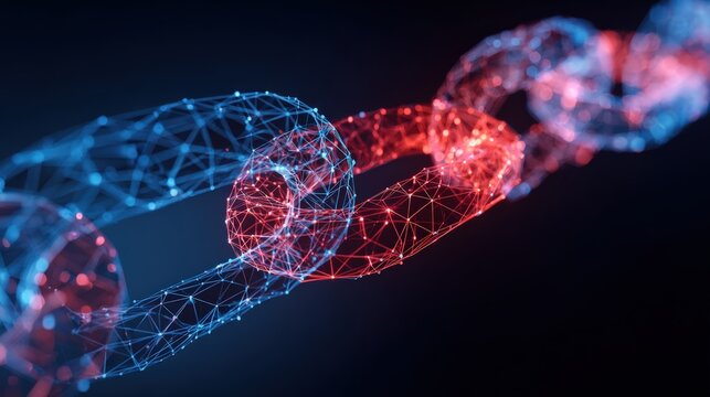 A futuristic depiction of a blockchain with illuminated links and a network of nodes. ..Created with Generative AI, not depicting real subjects.