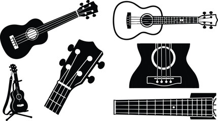 Fototapeta premium Flat vector ukulele close up headstock and full body multiple silhouettes on white background with angled top view strap and fretboard detail minimalist black low contrast