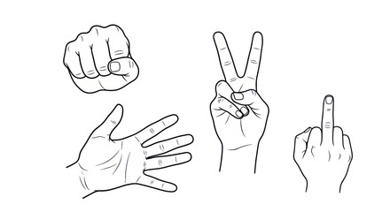 Rock Paper Scissors Hand Gestures Collection - Fist, Open Palm, Victory Sign, Middle Finger