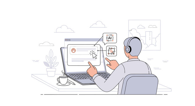 Illustration of a man sitting at a desk interacting with a laptop and digital interface elements in a minimalist office setting with a clean and modern aesthetic.