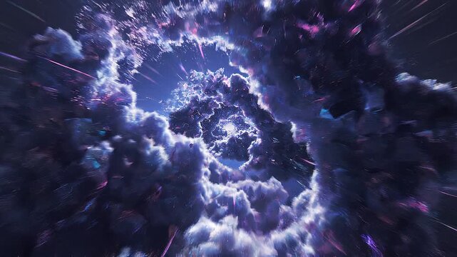 A surreal abstrack motion stormy sky with clouds, lightning, and dramatic atmosphere viewed from above