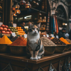 Calico Cat at a Traditional Istanbul Bazaar Stall