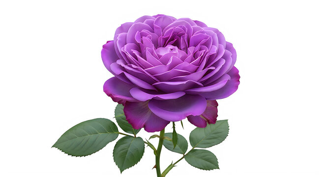 Purple rose with green leaves on white background