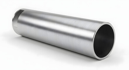 Stainless cylindrical steel pipe isolated on white background suitable for fabrication construction engineering and manufacturing concepts.