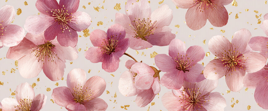 Minimal sakura floral stationery pattern, seamless repeat watercolor petals on matte paper surface, gold foil flecks, 32k