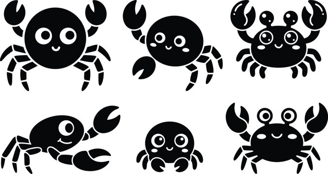Flat design black crab icons set showing six cute smiling crabs with raised claws various angles top view side view playful round eyes simple vector artwork