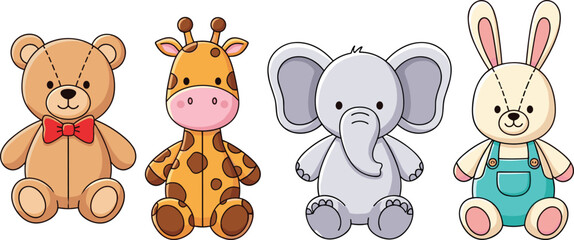 Cute Cartoon Animal Characters Set Featuring Teddy Bear Giraffe Elephant and Rabbit Vector Illustration for Baby Shower Nursery and Kids Design