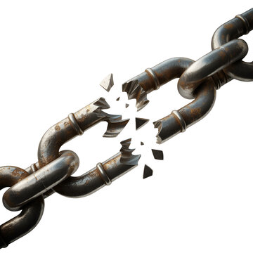 A close-up view of a broken chain link with a single link missing. isolated on transparent background