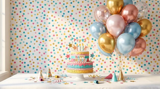 Birthday cake balloons party table with polka dot background