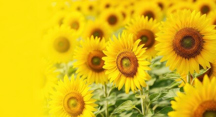 Obraz premium A vibrant, densely packed field of radiant yellow sunflowers blooming under bright sunlight, symbolizing warmth, happiness, and abundant summer growth, sunlight, pollen, daylight