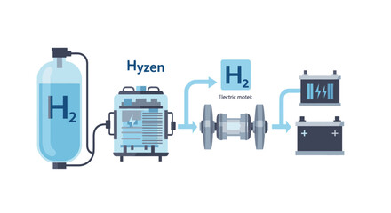 Diagram of a hydrogen fuel cell system with labeled components and connections on a clean white background.
