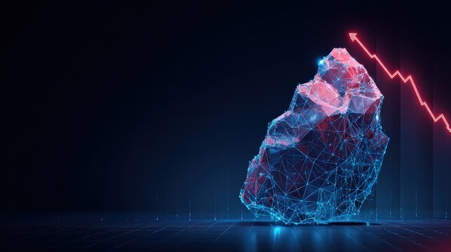 A digital concept visualizes market instability as a geometric, glowing boulder teeters on the brink of collapse. ..Created with Generative AI, not depicting real subjects.