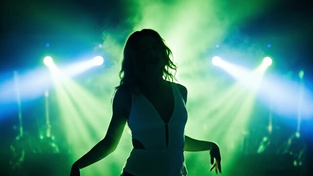 Silhouette of a young woman dancing at a techno rave with green laser lights and smoke