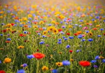 Obraz premium Intense sunlight bathes a dense, colorful meadow bursting with countless blossoms, signaling the peak of the vigorous summer season, dense, outdoor, peaceful